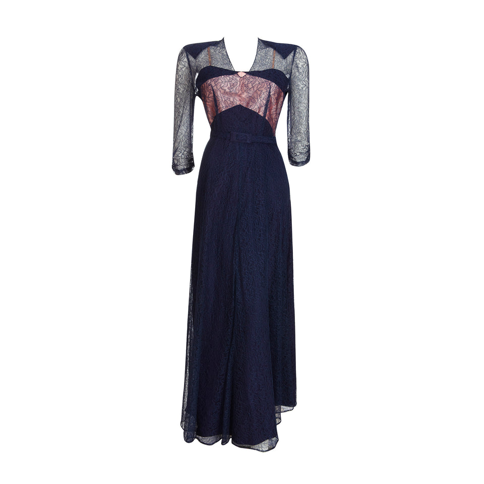 Floral Lace Illusion Gown - c.1940