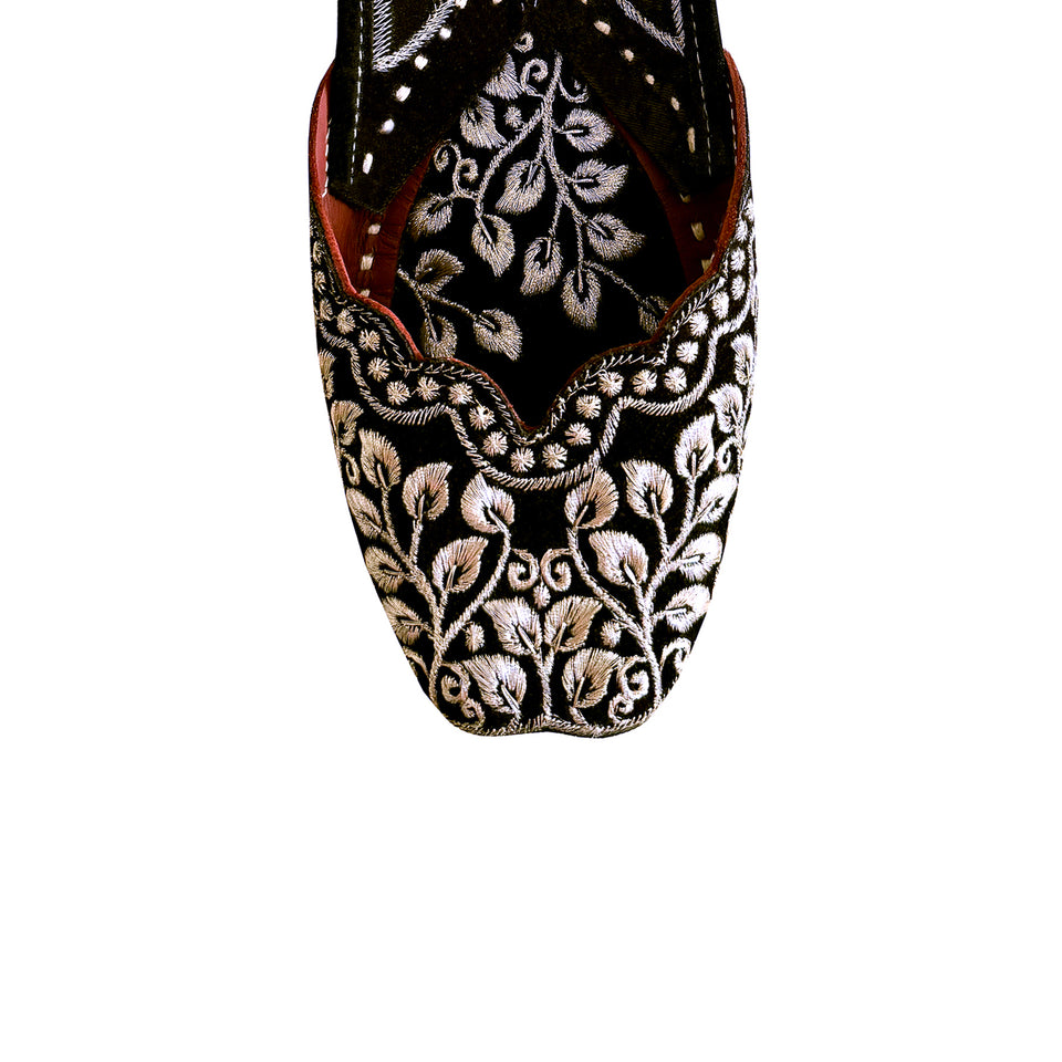Embroidered Suede Flats - Silver Floral Embroidery