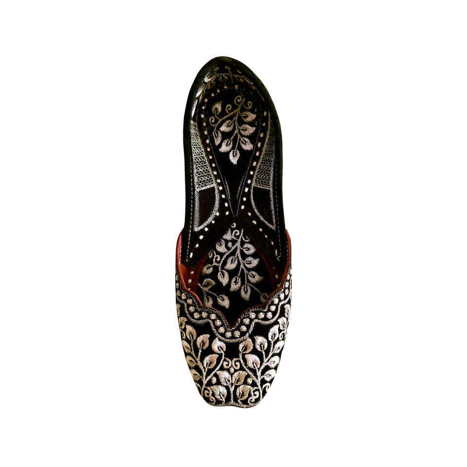Embroidered Suede Flats - Silver Floral Embroidery
