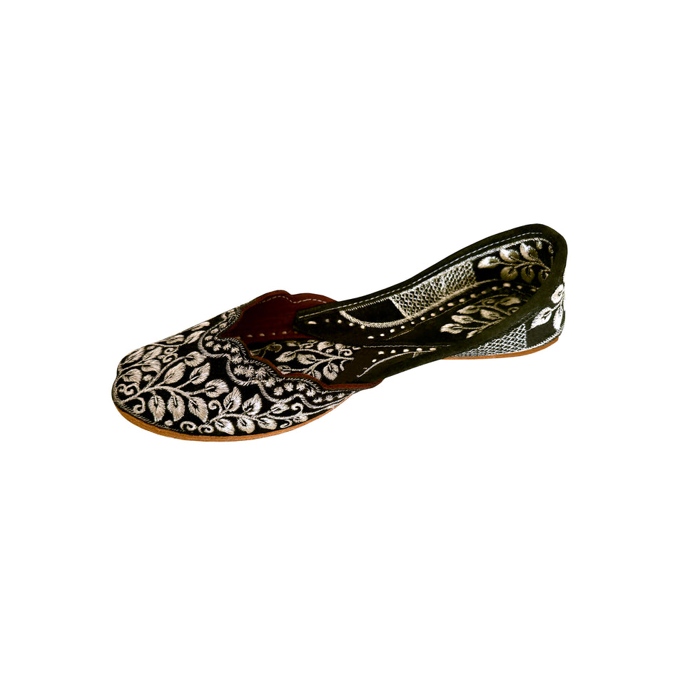 Embroidered Suede Flats - Silver Floral Embroidery
