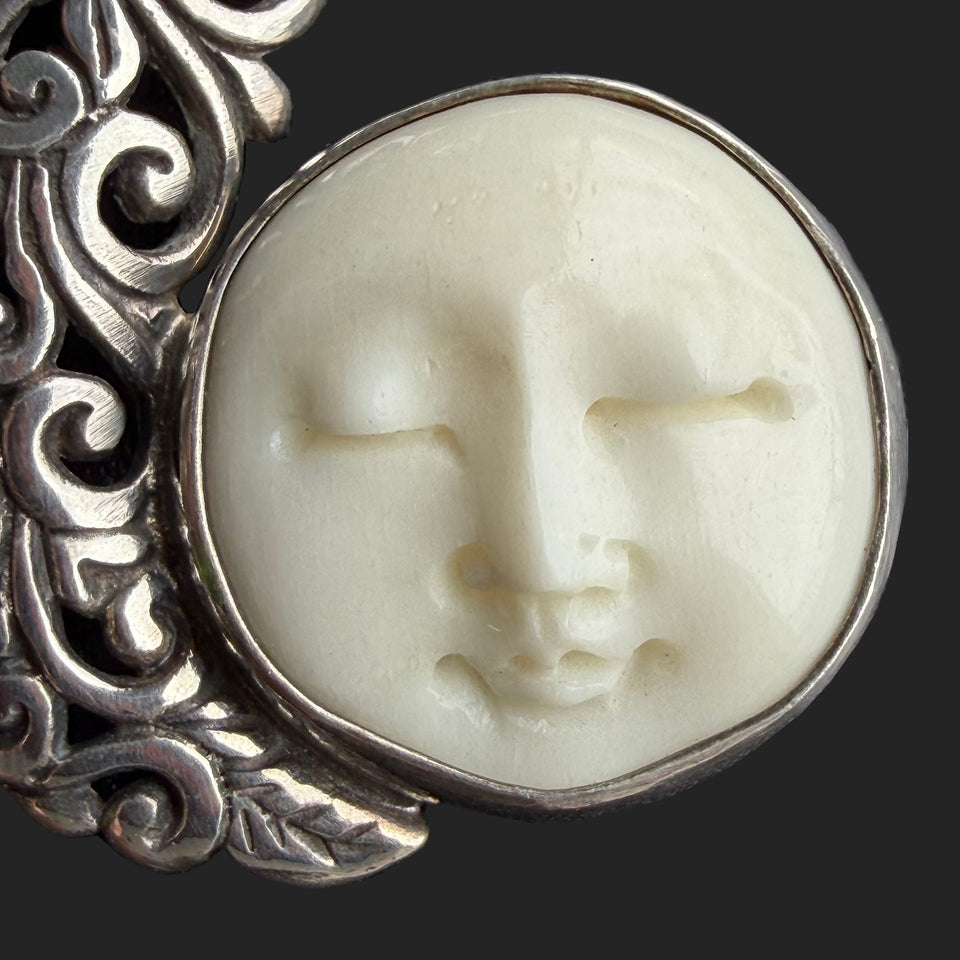 Opal & Silver Crescent Moon Necklace - c.1980