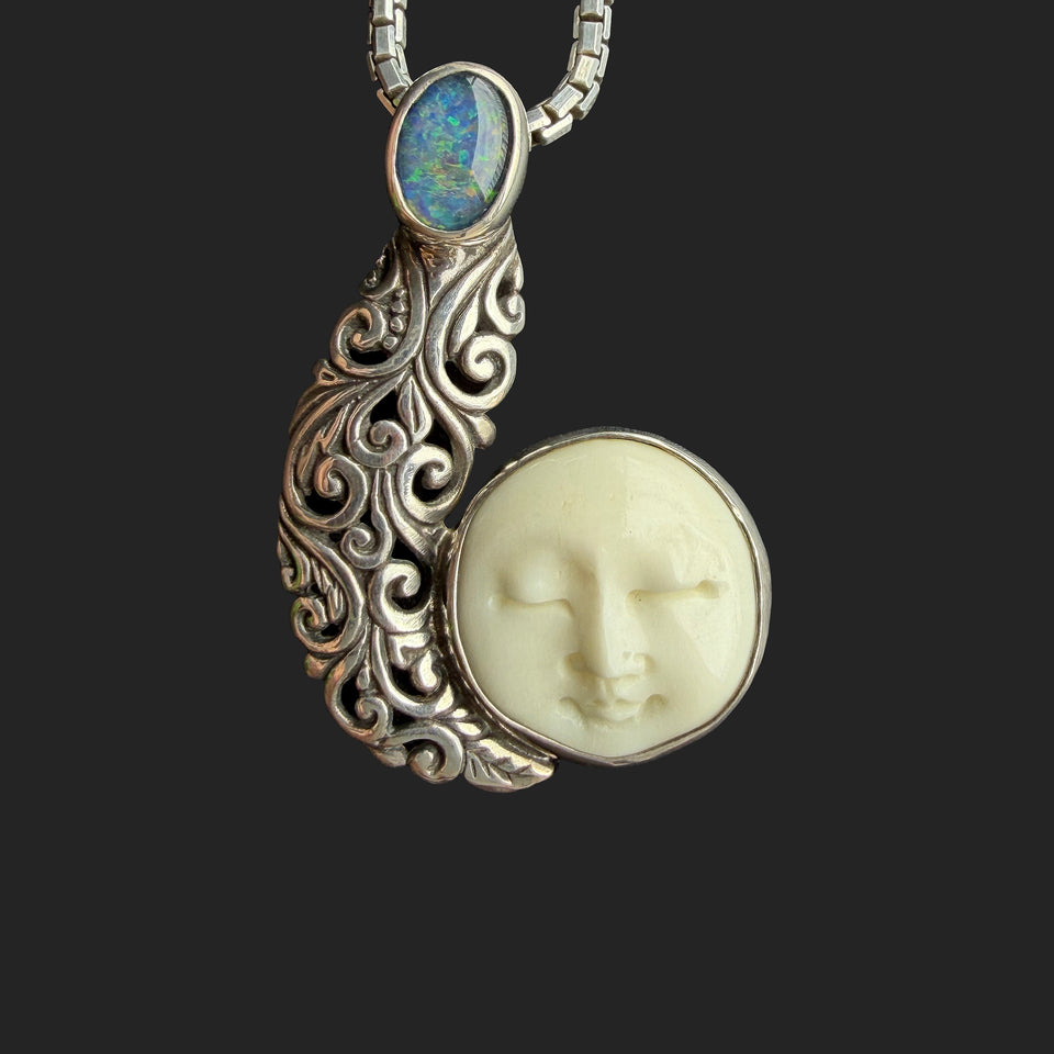 Opal & Silver Crescent Moon Necklace - c.1980