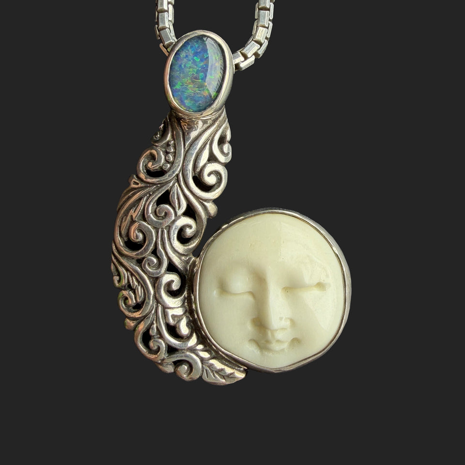 Opal & Silver Crescent Moon Necklace - c.1980